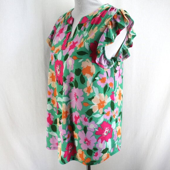 Dear Scarlett Lizzy Flutter Sleeve Top Womens Sz L Multi Color Floral Split Neck - Picture 3 of 7